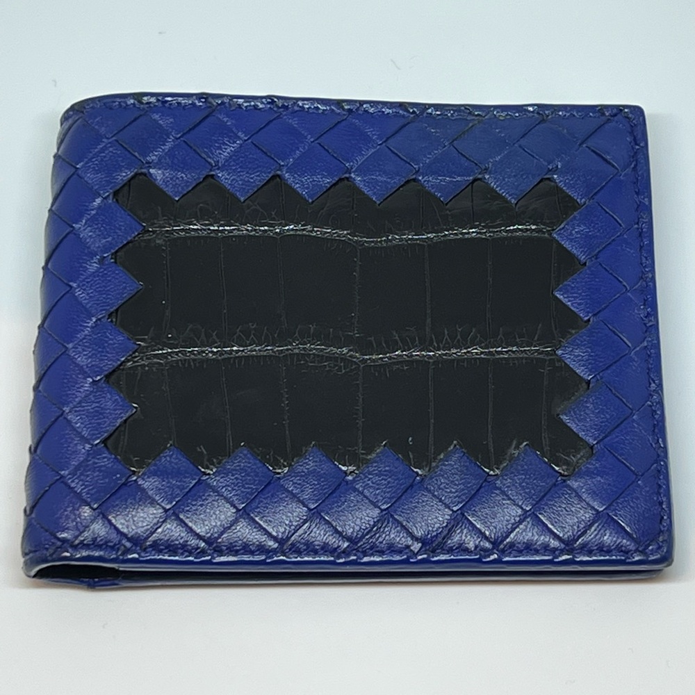 Bottega Veneta Cobalt Blue Bifold Wallet Black Croc Insert